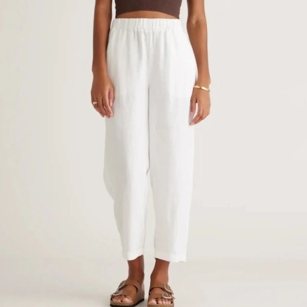 Quince 100% European Linen Pants White Elastic Waist Straight Leg Small